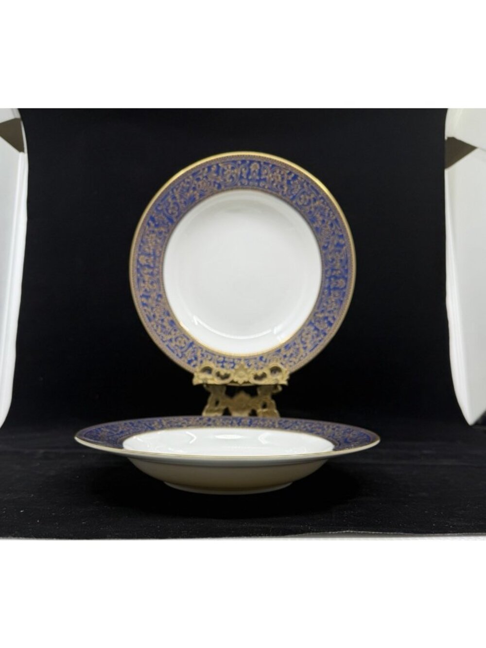 Vintage Sango Aristocrat 3690 Rimmed Soup Bowls 8 5/8" Cobalt Gold Japan Set 2